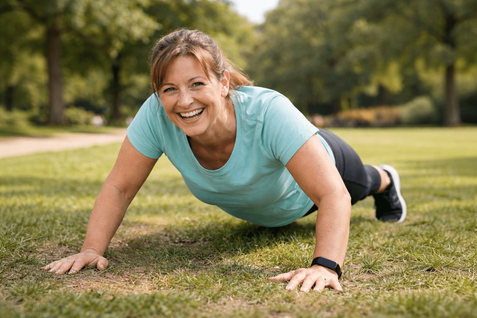 Frau macht Liegestütze im Park, lächelnd – Fitness und Gesundheit bei Ihrem Chiropraktiker in Hilden, Düsseldorf.