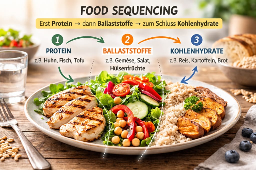Food Sequencing-Teller mit Protein, Ballaststoffen und Kohlenhydraten für gesunde Ernährung. Ideal für Chiropraktik und Heilpraxis.