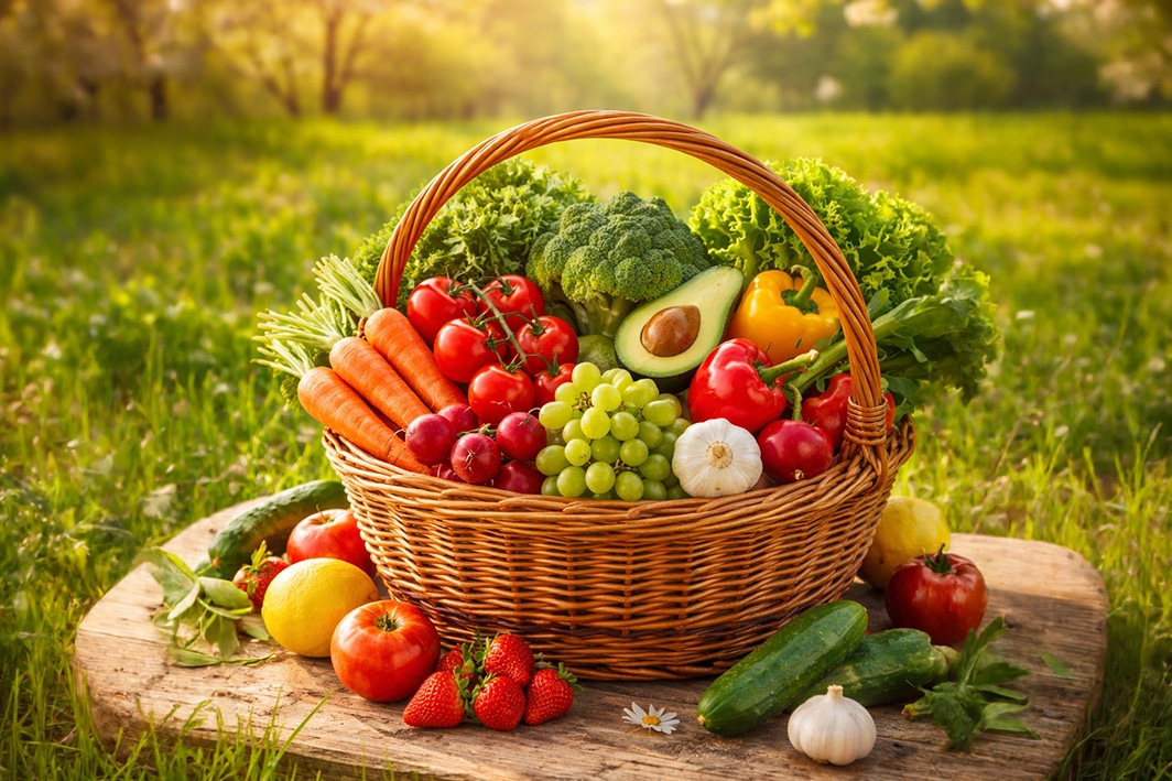 Frischer Gemüse- und Obstkorb im Grünen, Symbol für gesunde Ernährung in Hilden, Düsseldorf und Umgebung.