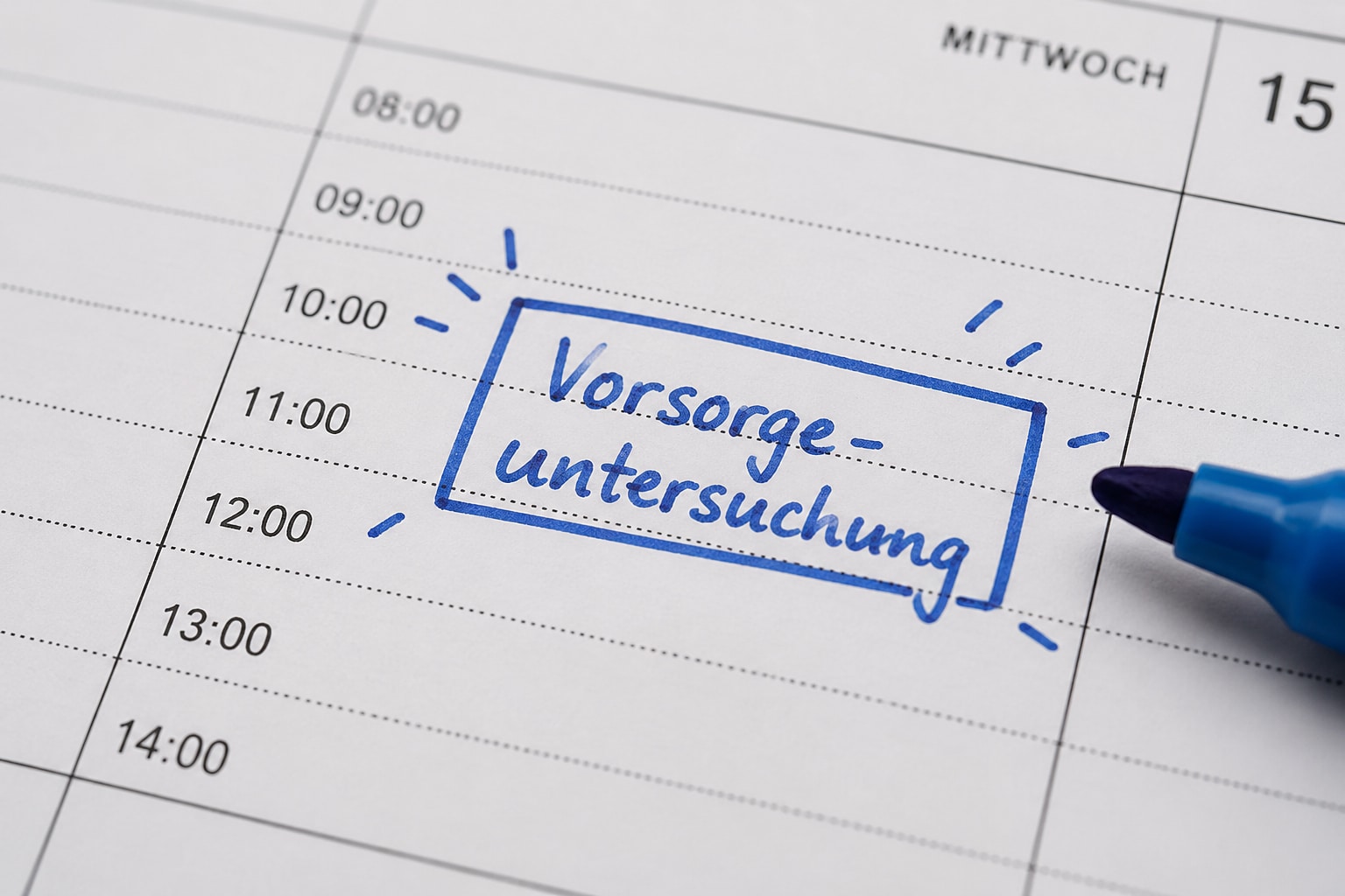 Kalender mit „Vorsorgeuntersuchung“ um 11 Uhr, notiert mit blauem Stift. Chiropraktik und Ernährungsberatung in Hilden.