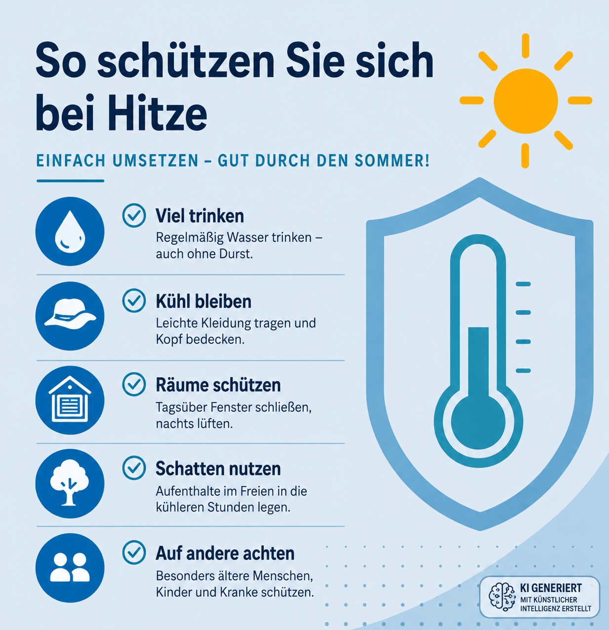 Schutz vor Hitze: Tipps zum Trinken, Kühlen, Räume schützen, Schatten nutzen und auf andere achten.
