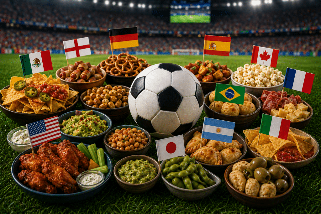 Fußballfeld mit internationalen Snacks, dekoriert mit Länderflaggen, als Symbol für globale Ernährungsvielfalt.