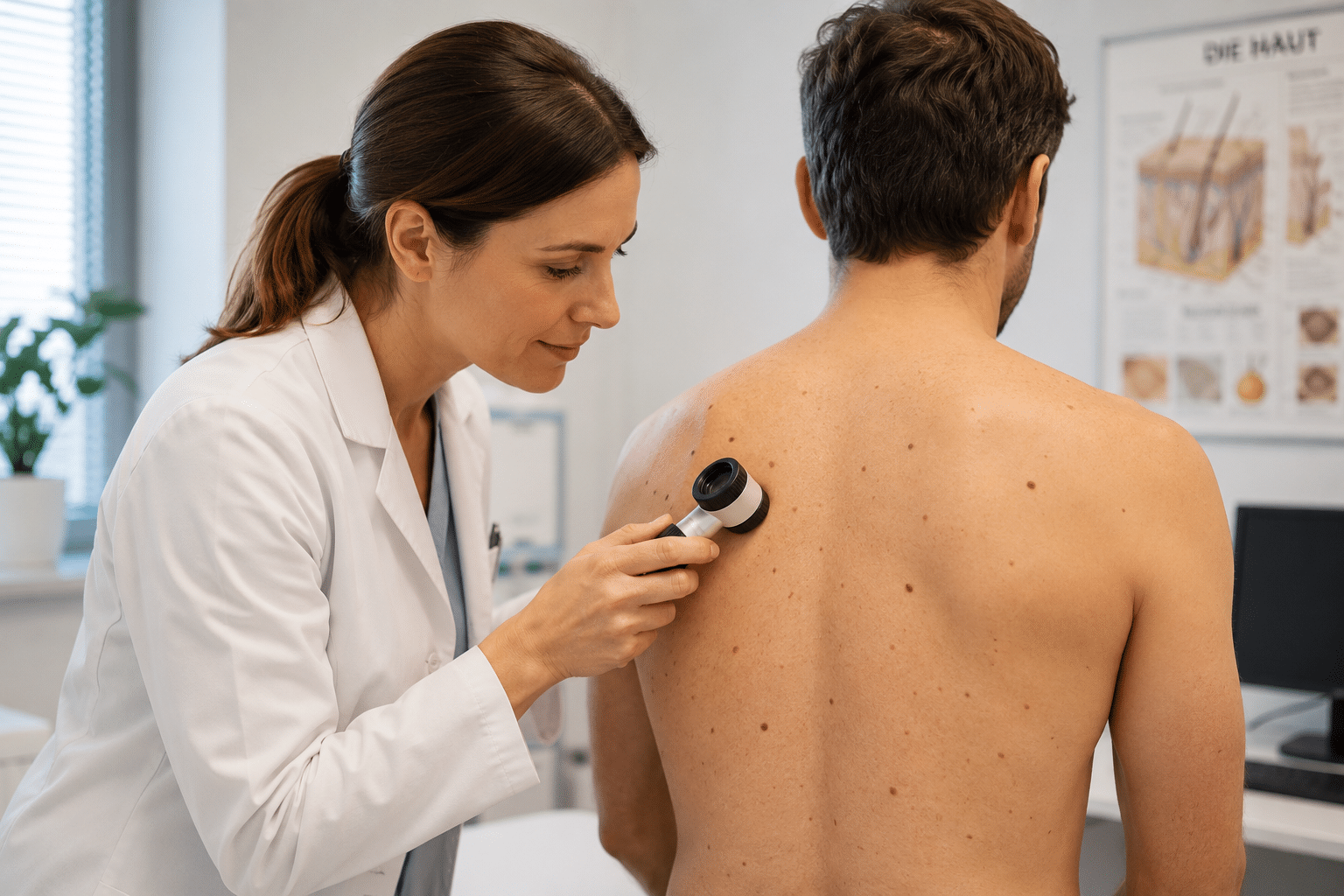 Heilpraktikerin untersucht Haut eines Patienten in Praxis für Chiropraktik und Ernährung, Hilden/Düsseldorf.